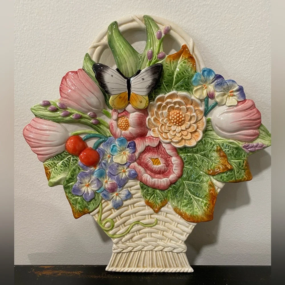 Fitz and Floyd Floral Basket Wall Plaque in White, Green, Pink, Yellow and Blue